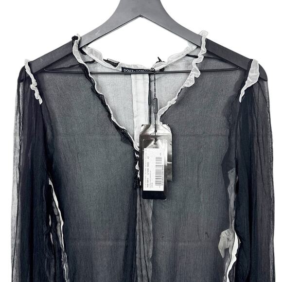 Dolce & Gabbana 100% Silk Sheer Ruffle Trim Top Black Size 42 Small New - Picture 9 of 12